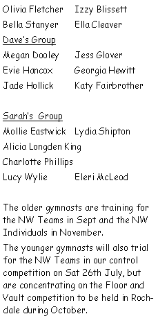 Text Box: Olivia Fletcher	  Izzy BlissettBella Stanyer	  Ella CleaverDaves GroupMegan Dooley	  Jess GloverEvie Hancox	  Georgia HewittJade Hollick	  Katy FairbrotherSarahs  GroupMollie Eastwick	  Lydia ShiptonAlicia Longden KingCharlotte PhillipsLucy Wylie	  Eleri McLeodThe older gymnasts are training for the NW Teams in Sept and the NW Individuals in November.The younger gymnasts will also trial for the NW Teams in our control competition on Sat 26th July, but are concentrating on the Floor and Vault competition to be held in Rochdale during October.